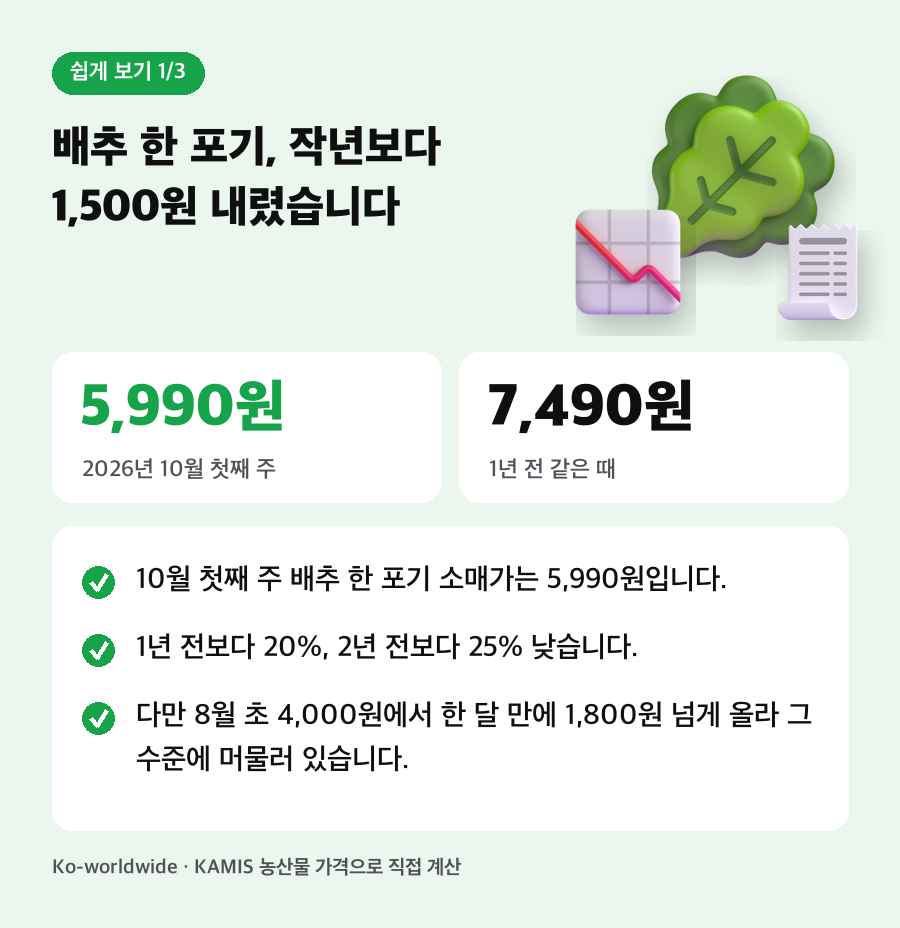 배추 한 포기, 작년보다 1,500원 내렸습니다. 10월 첫째 주 배추 한 포기 소매가는 5,990원입니다. 1년 전보다 20%, 2년 전보다 25% 낮습니다. 다만 8월 초 4,000원에서 한 달 만에 1,800원 넘게 올라 그 수준에 머물러 있습니다.