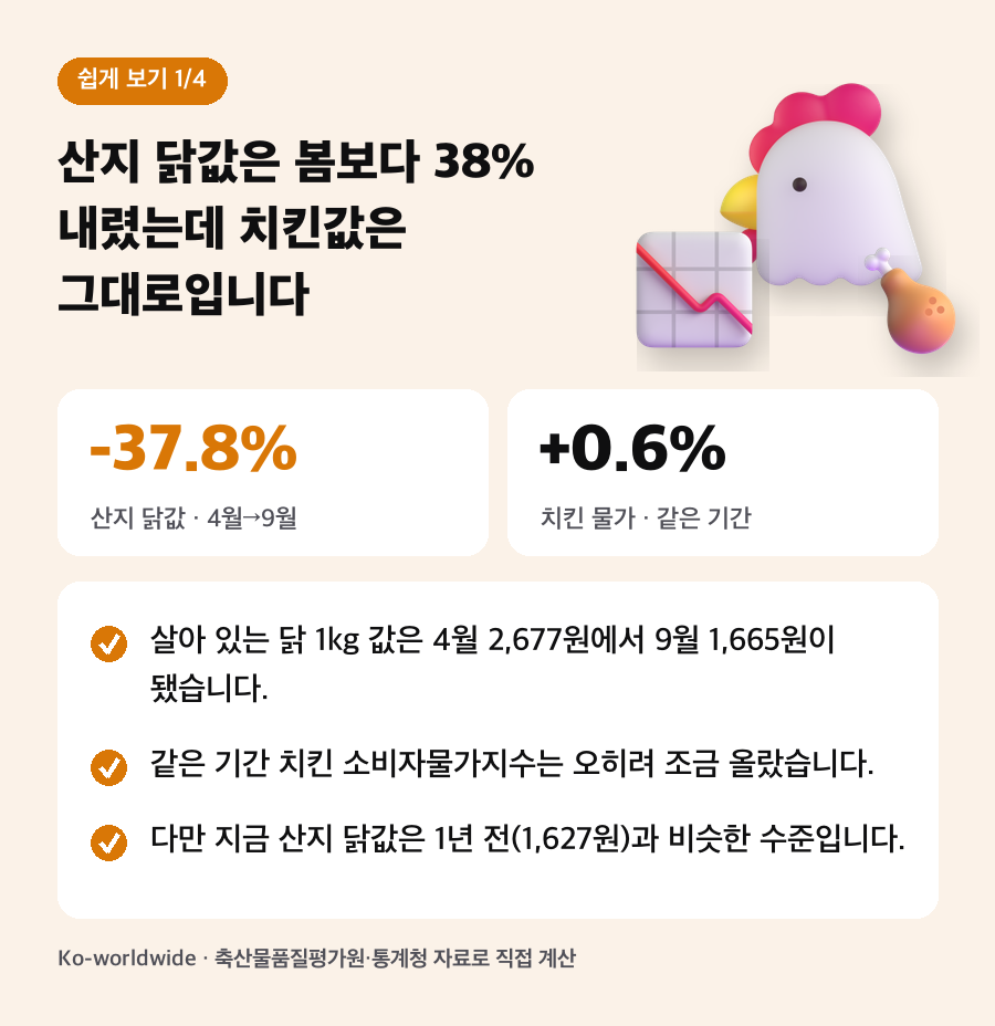 산지 닭값은 봄보다 38% 내렸는데 치킨값은 그대로입니다. 살아 있는 닭 1kg 값은 4월 2,677원에서 9월 1,665원이 됐습니다. 같은 기간 치킨 소비자물가지수는 오히려 조금 올랐습니다. 다만 지금 산지 닭값은 1년 전(1,627원)과 비슷한 수준입니다.